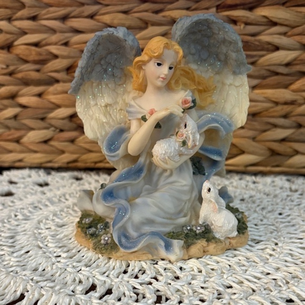 Vintage Resin Angel Figurine with Rabbits